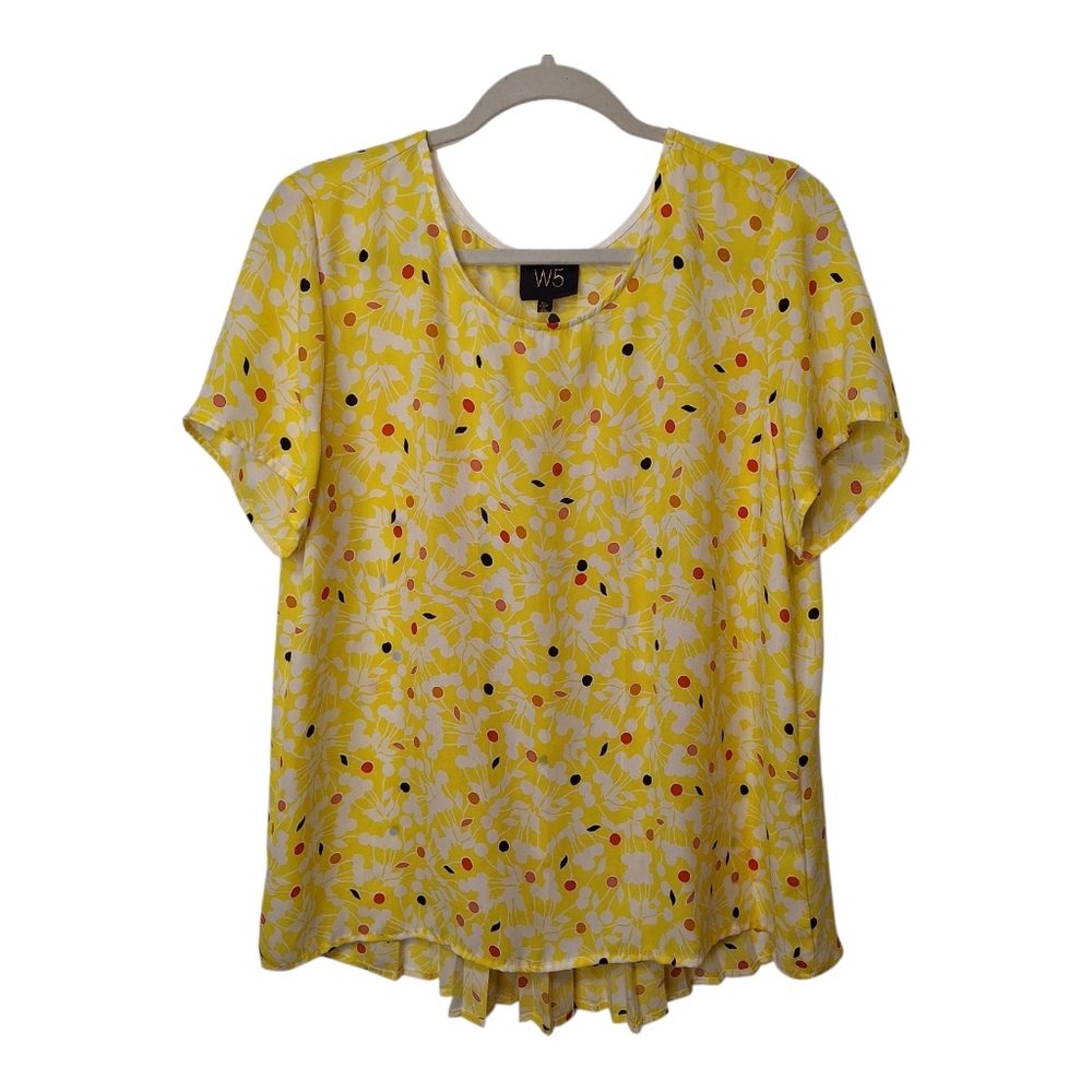W5 Sunny Yellow Floral Blouse Womens size XL Knife Pleats Hi Low Hem Semi Sheer